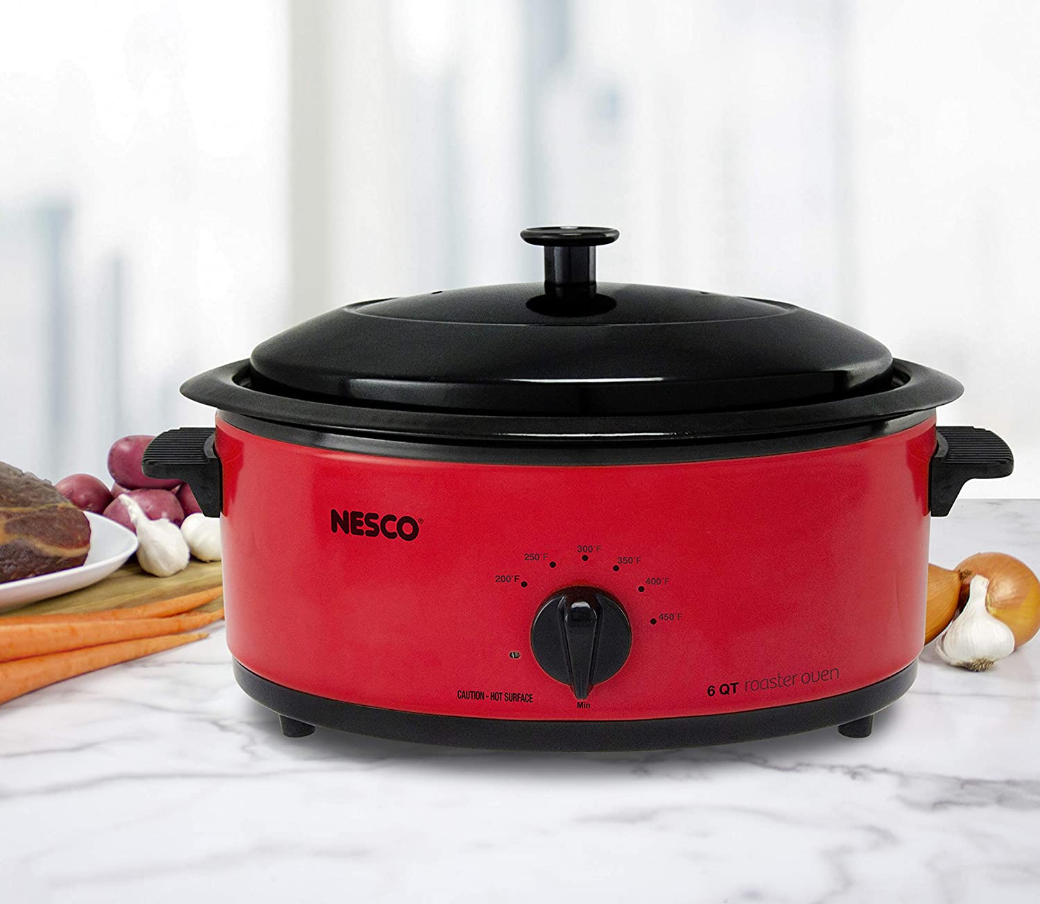 NESCO 4816-12 Roaster Oven with Porcelain Cookwell， Red， 6 quart， 750 watts