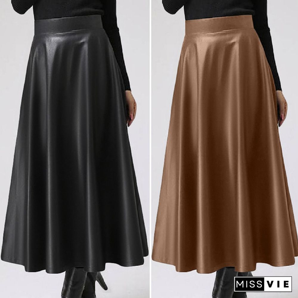 Women Pu Leather Maxi Skirt Autumn Winter Long Dress High Waist Party Casual Umbrella Skirt Plus Size Clothes