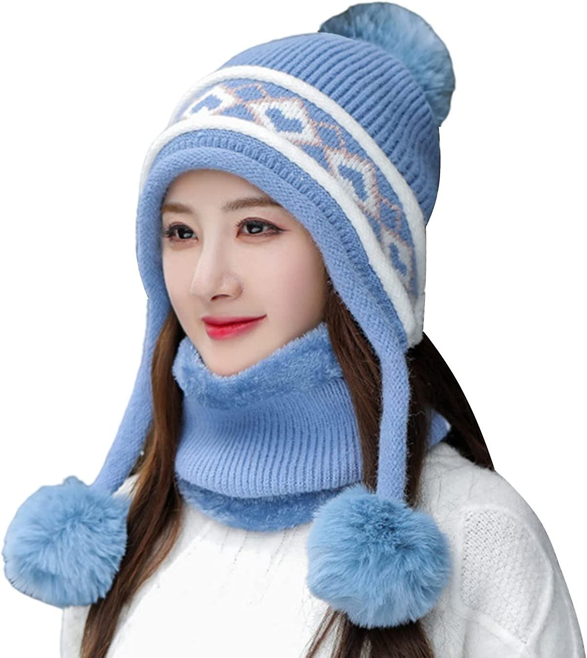 Women Winter Beanie Hat Peruvian Circle Scarf Set Ski Ear Flaps Caps Dual Layered Fleece Lined Pompoms E1450215-blue -