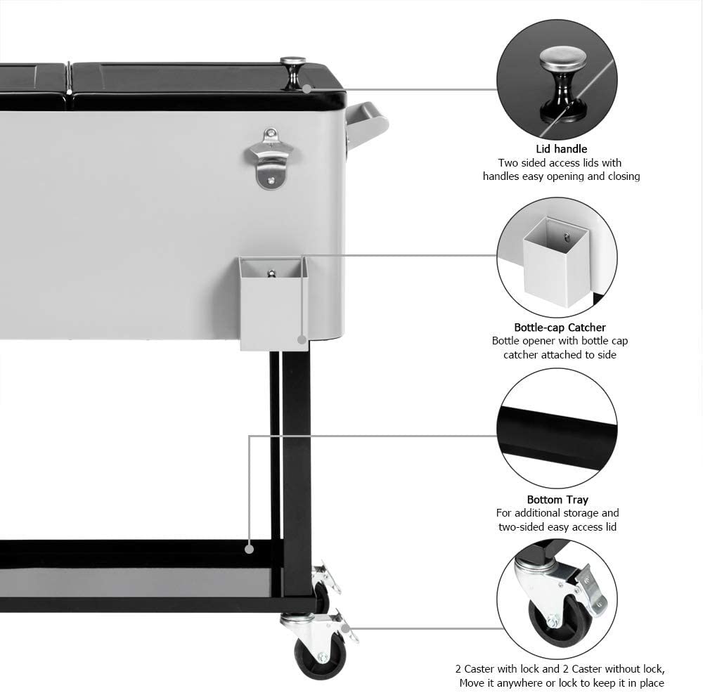 80 Quart Rolling Cooler Cart for Outdoor Patio Deck Party, Portable Party Bar Cold Drink Beverage Cart