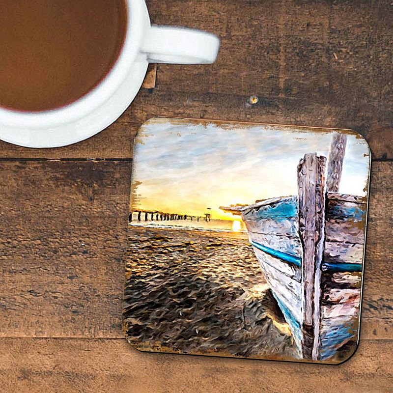 Beach Boat Coastal Wooden Cork Coasters Gift Set of 4 by Nature Wonders