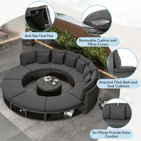 9Piece Outdoor Patio Furniture，Circular Outdoor Sofa Set with Tempered Glass Coffee Table