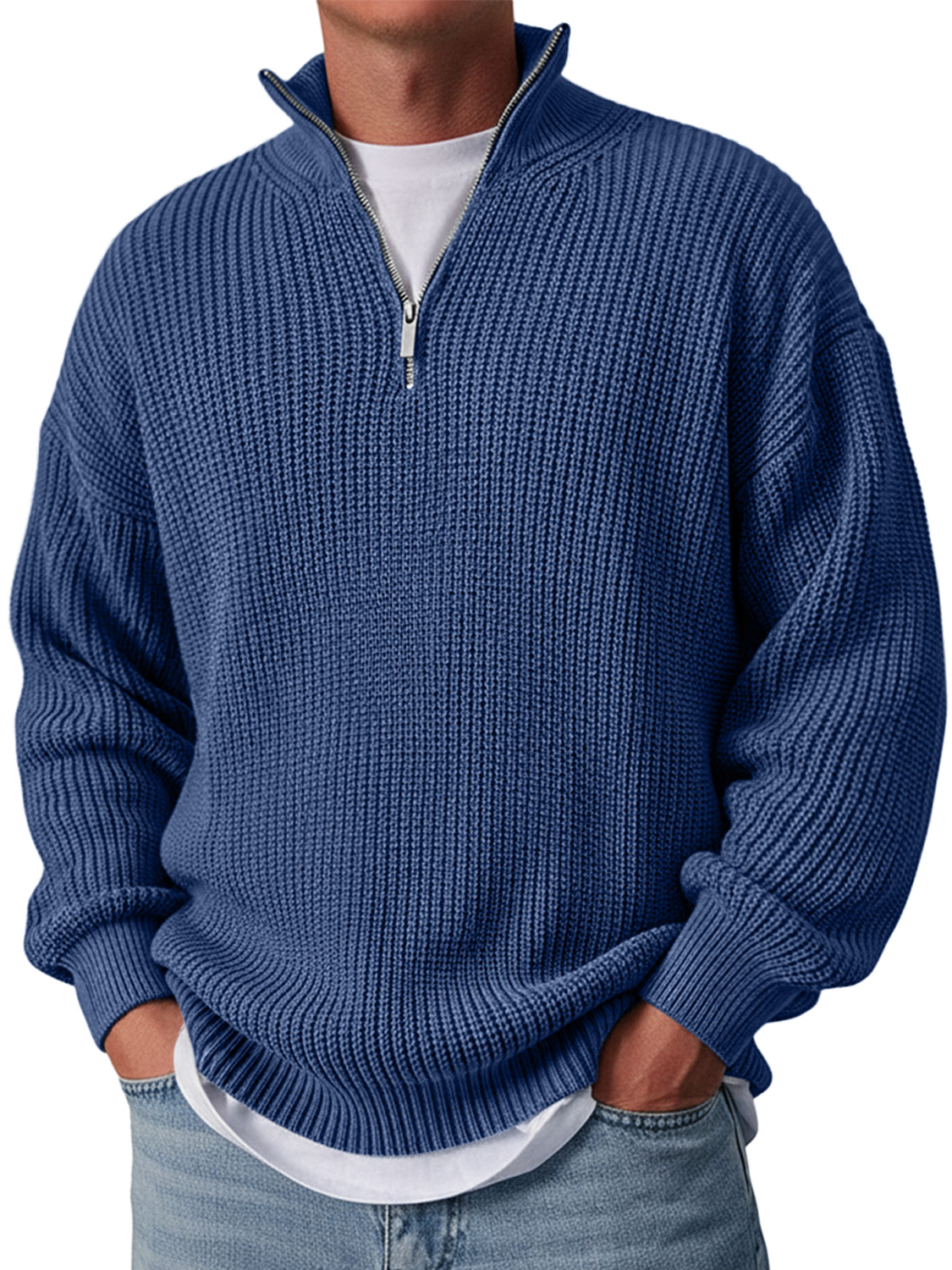 Men's Simple Casual Loose Stand Collar Zipper Solid Color Sweater