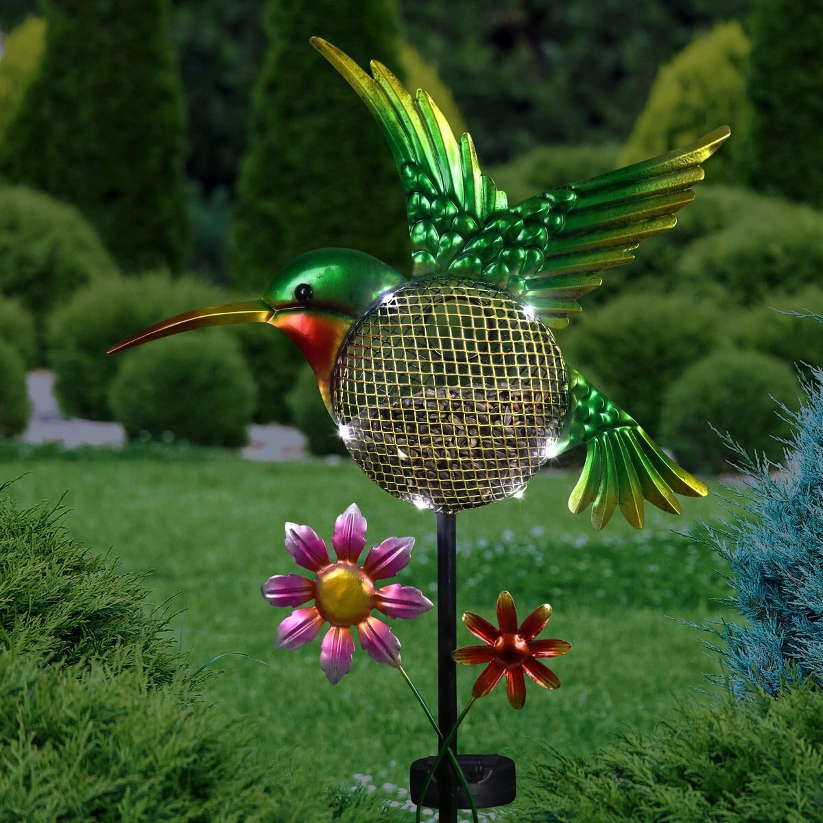 Exhart Solar Hand Painted Hummingbird Metal Mesh Pellet Bird Feeder Garden Stake