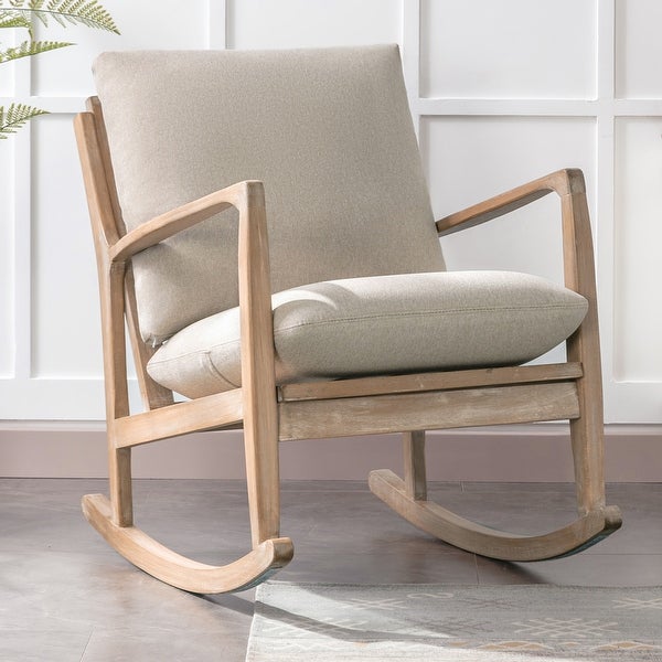 Linen Fabric Upholstered Rocking Chair Living Room Accent Chairs Modern Comfy Solid Wood Armchair， for Bedroom， Beige