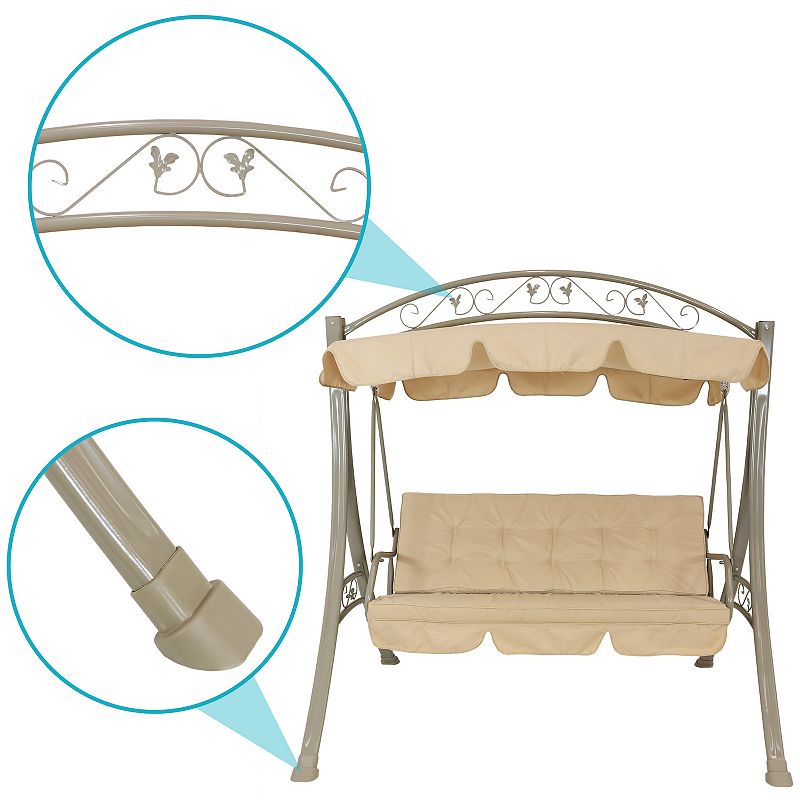 Sunnydaze 3-Person Steel Patio Swing Bench with Canopy/Cushion - Beige