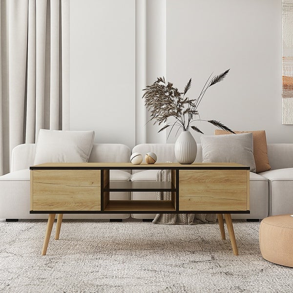 Modern Coffee Table with Drawers and Wooden Legs， Side Table Cocktain Table for Living Room