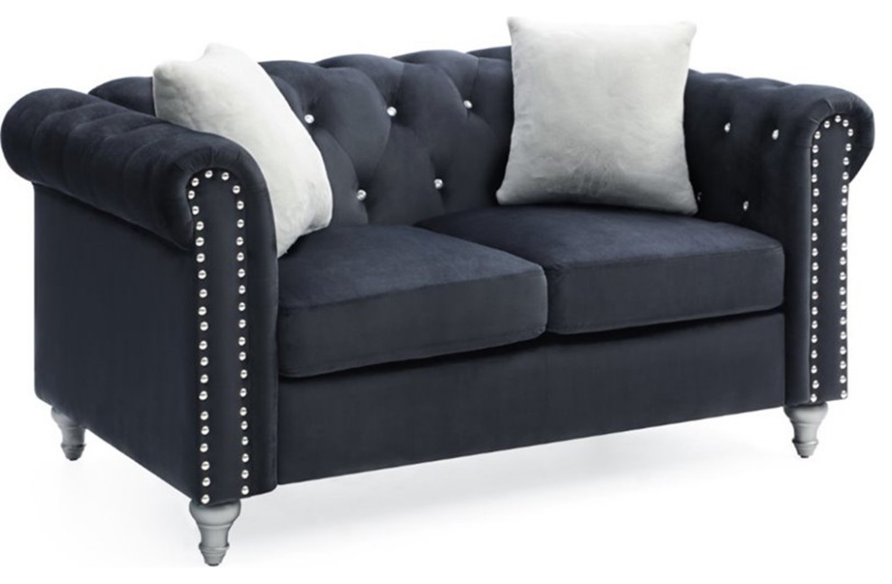 Maklaine 19 quotContemporary Soft Velvet Upholstered Loveseat in Black   Traditional   Loveseats   by Homesquare  Houzz