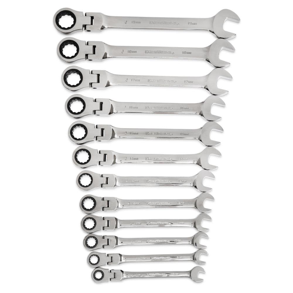 12 Pc 72-Tooth 12 Point Flex Head Ratcheting Combination Metric Wrench Set ;