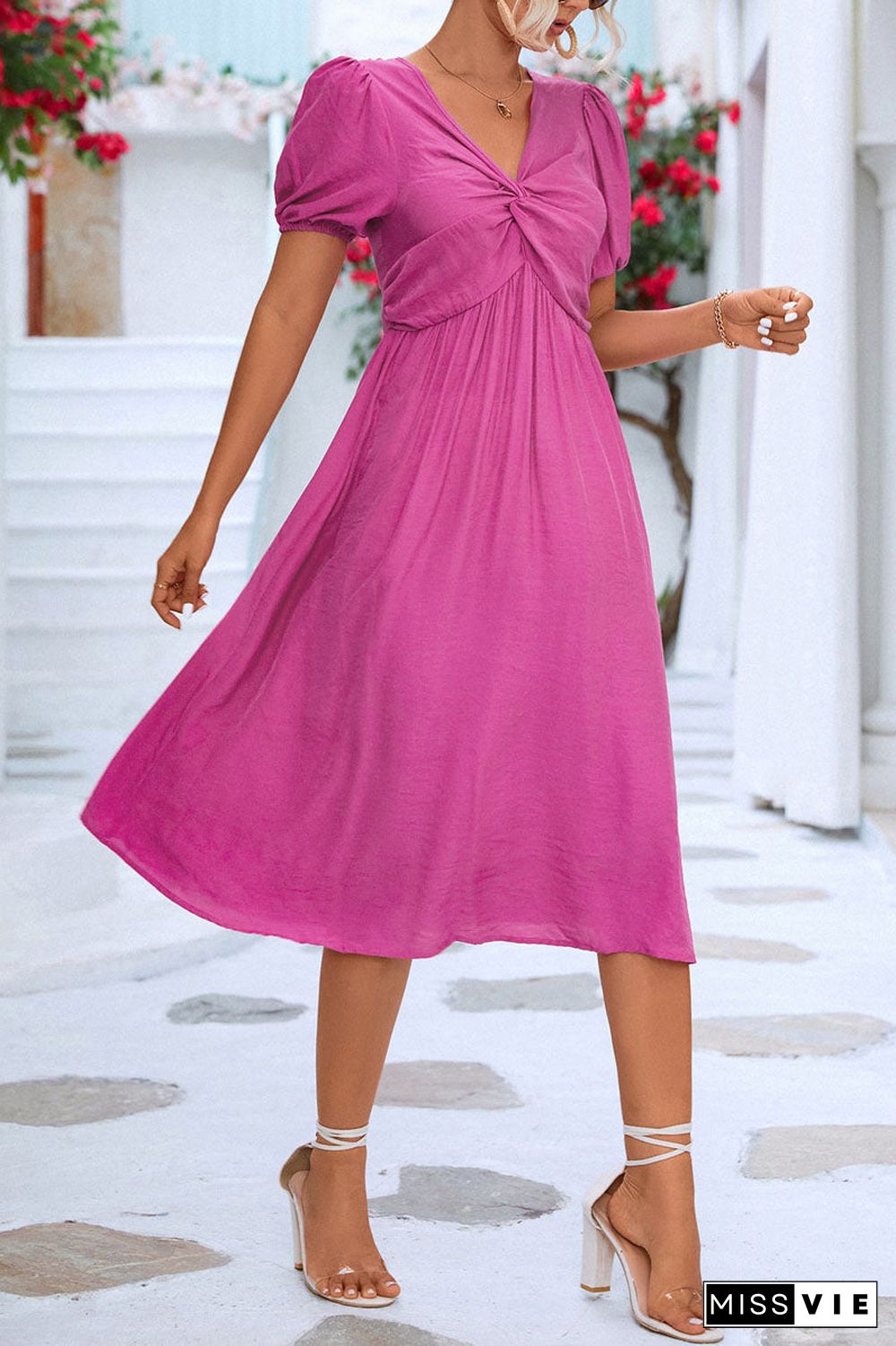 Solid V Neck front twist Midi Dress