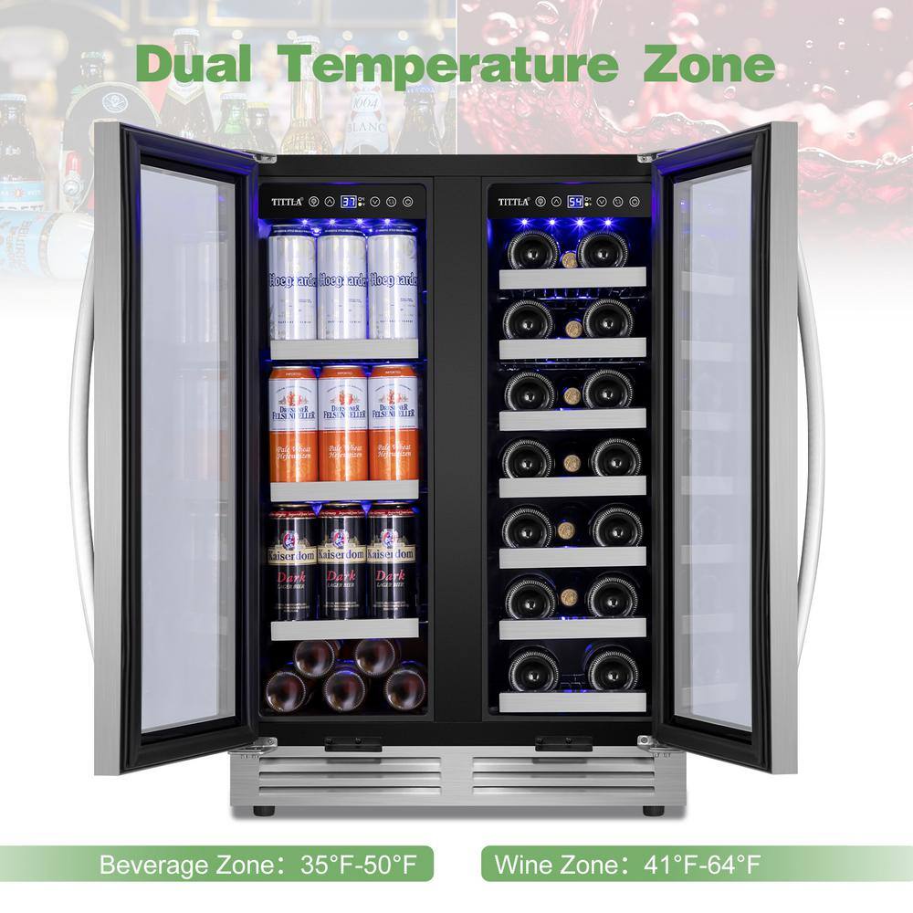 TITTLA 23.47 in. Dual Zone 18-Wine Bottles and 57-Cans Beverage and Wine Cooler in Silver Two Shape of Door Handles Blue LEDs KMYC120