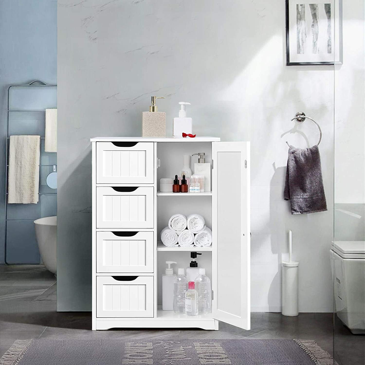 Vebreda 4 Drawer Bathroom Cabinet Storage Cupboard 3 Shelves Free Standing White