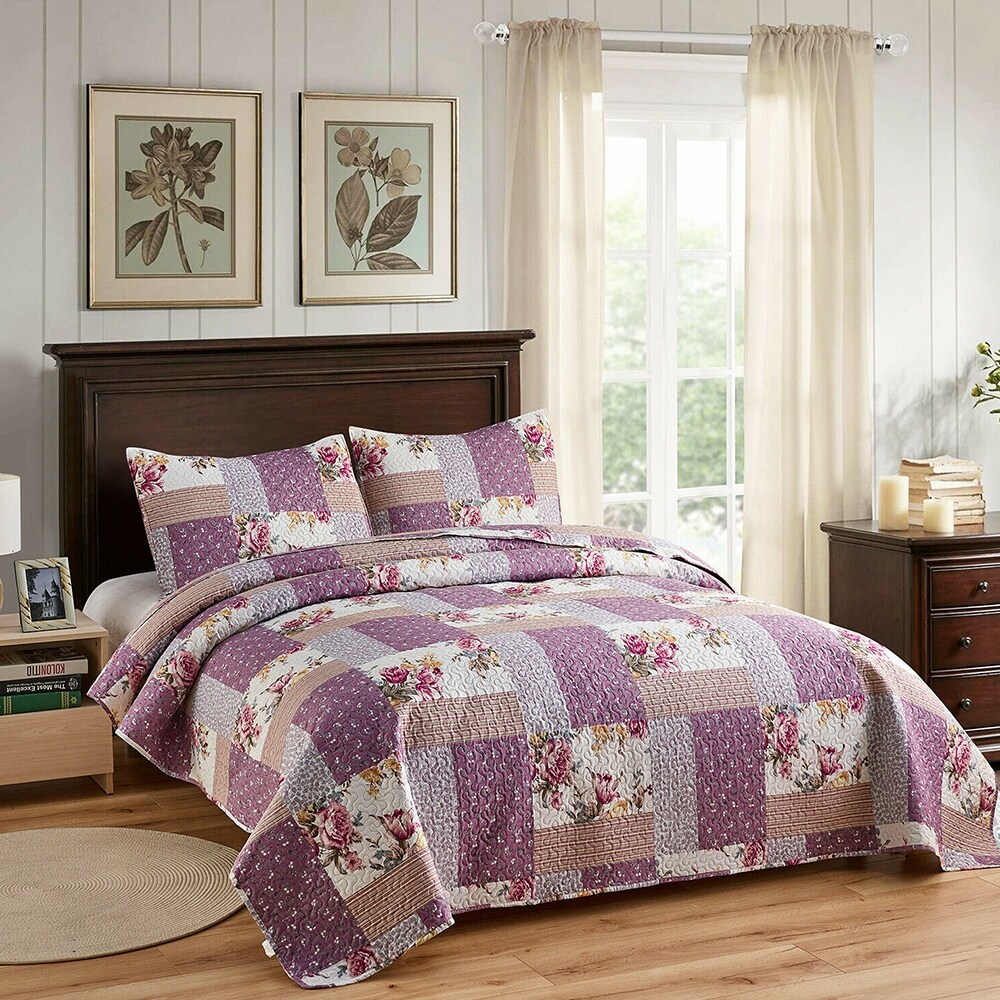 3 Piece Quilt Plaid Patchwork Bedspread Queen Purple Patchwork