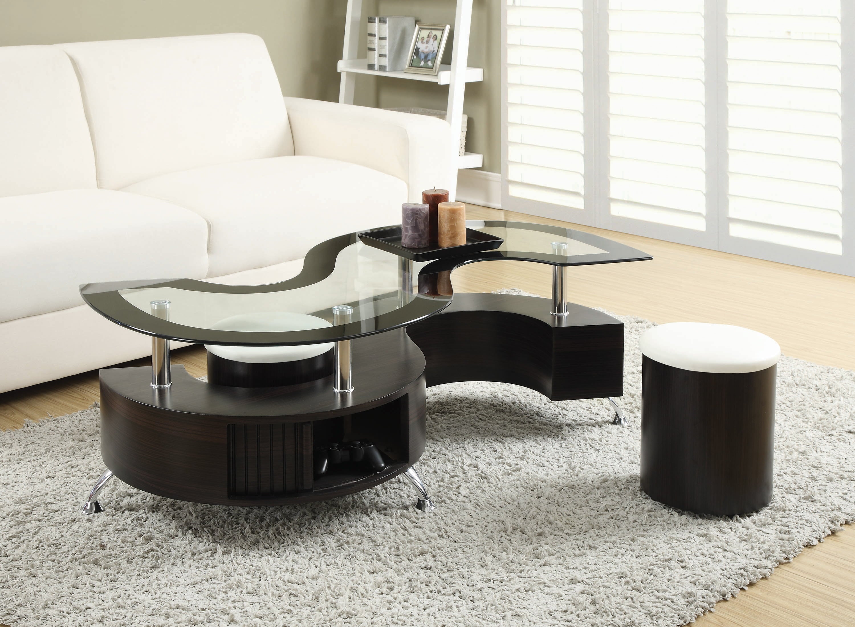 Coaster Delange Coffee Table and Upholstered Stools Cappuccino-Color:White,Finish:Cappuccino,Style:Contemporary