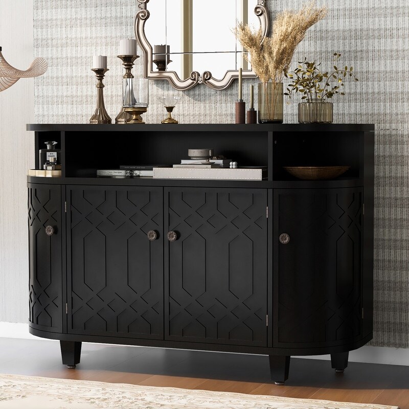 Curved Design Luxury Sideboard Storage Cabinet with 4 Doors and Adjustable Shelves  Buffet Cabinet with Storage for Entrances