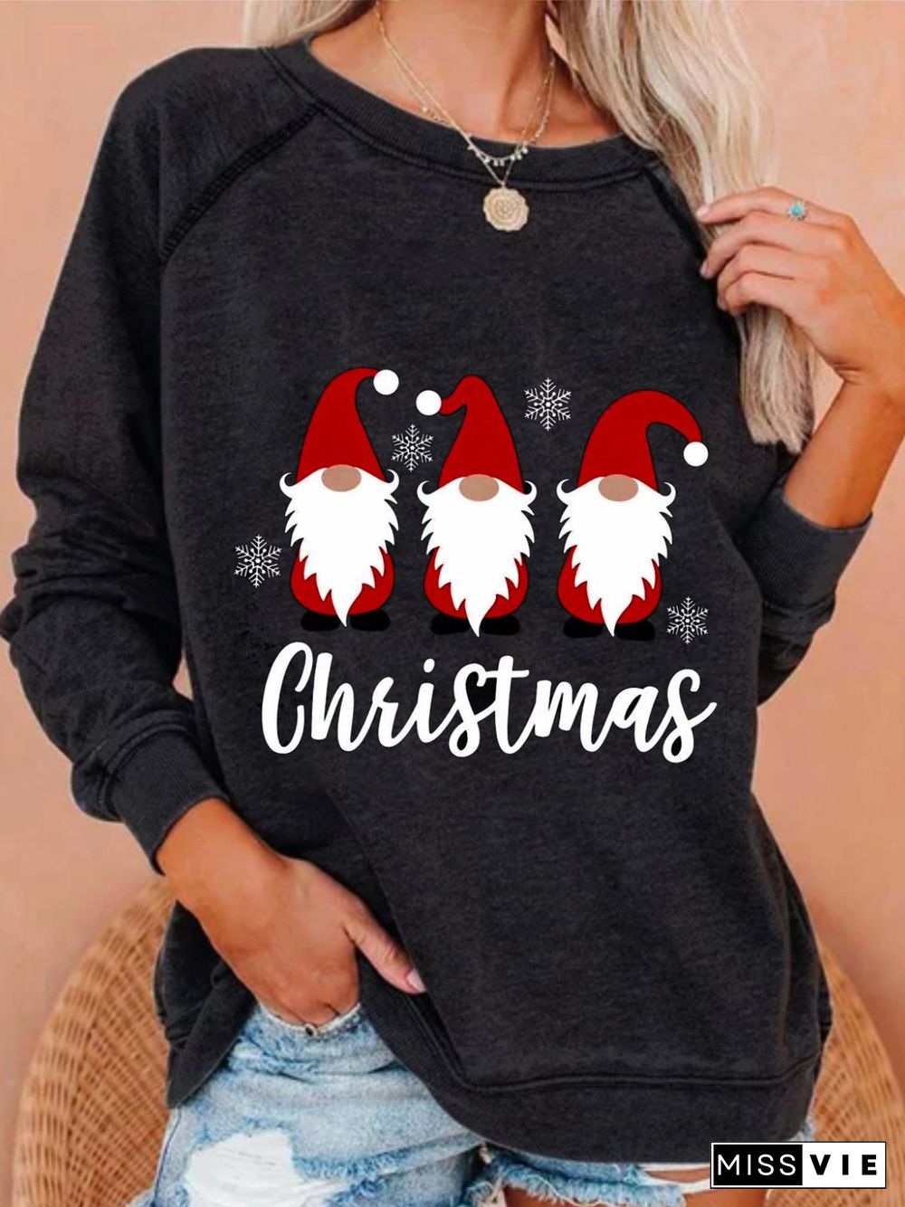 Christmas Xmas Long Sleeve Round Neck Plus Size Printed Tops Sweatshirts