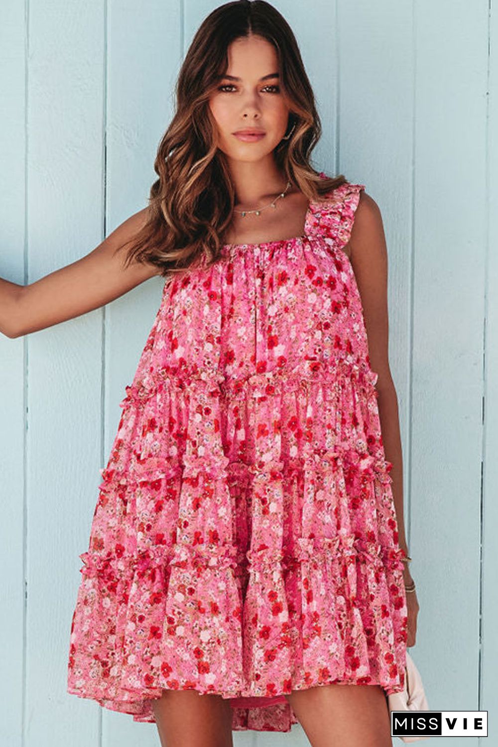 Red Tiered Ruffled Square Neck Sleeveless Floral Mini Dress