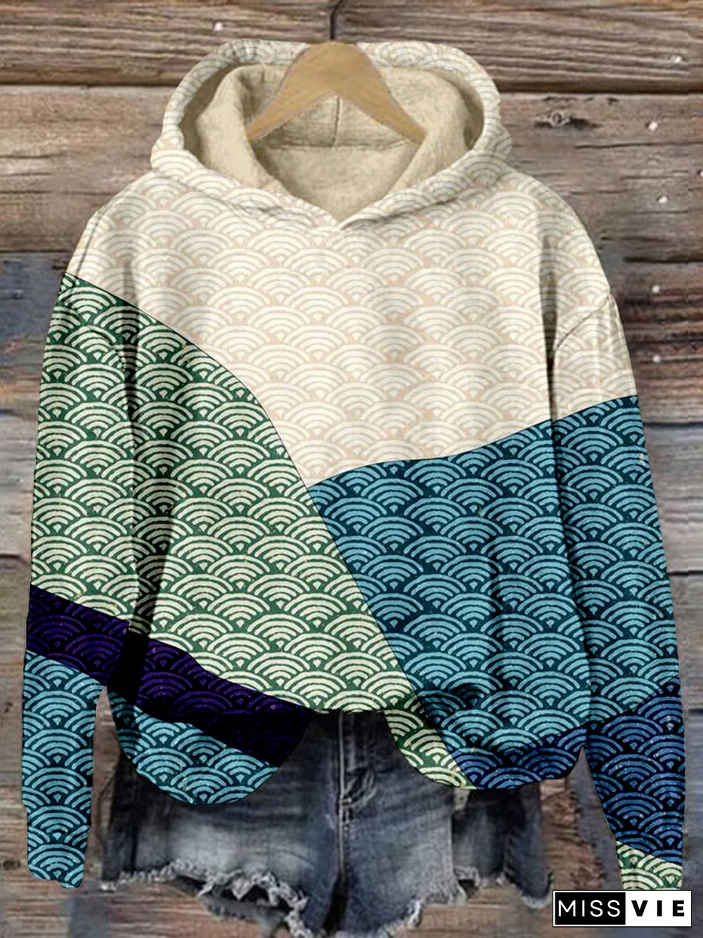 Mountain Background with Japanese Wave Pattern Cozy Hoodie