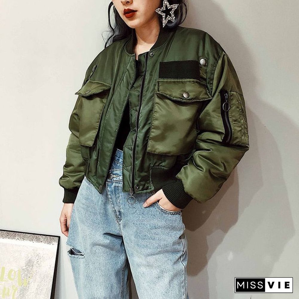 Autumn Winter Women Fashion Bomber Jackets Coat Solid Zipper Short Baseball Outwear Female Tops Casual Loose Overcoats