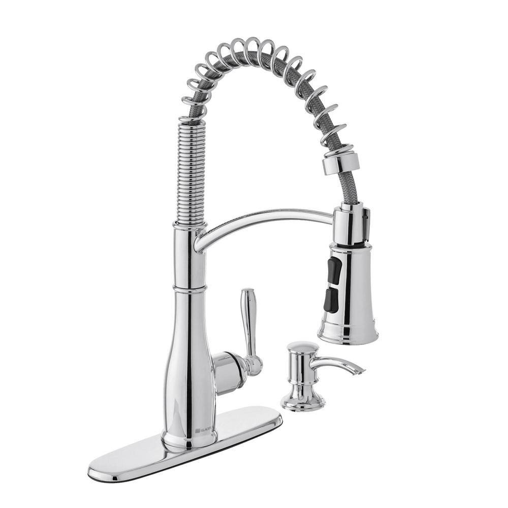 Glacier Bay Mandouri Single-Handle Spring Neck Pull-Down Sprayer Kitchen Faucet with Soap Dispenser in Polished Chrome HD67458-1301