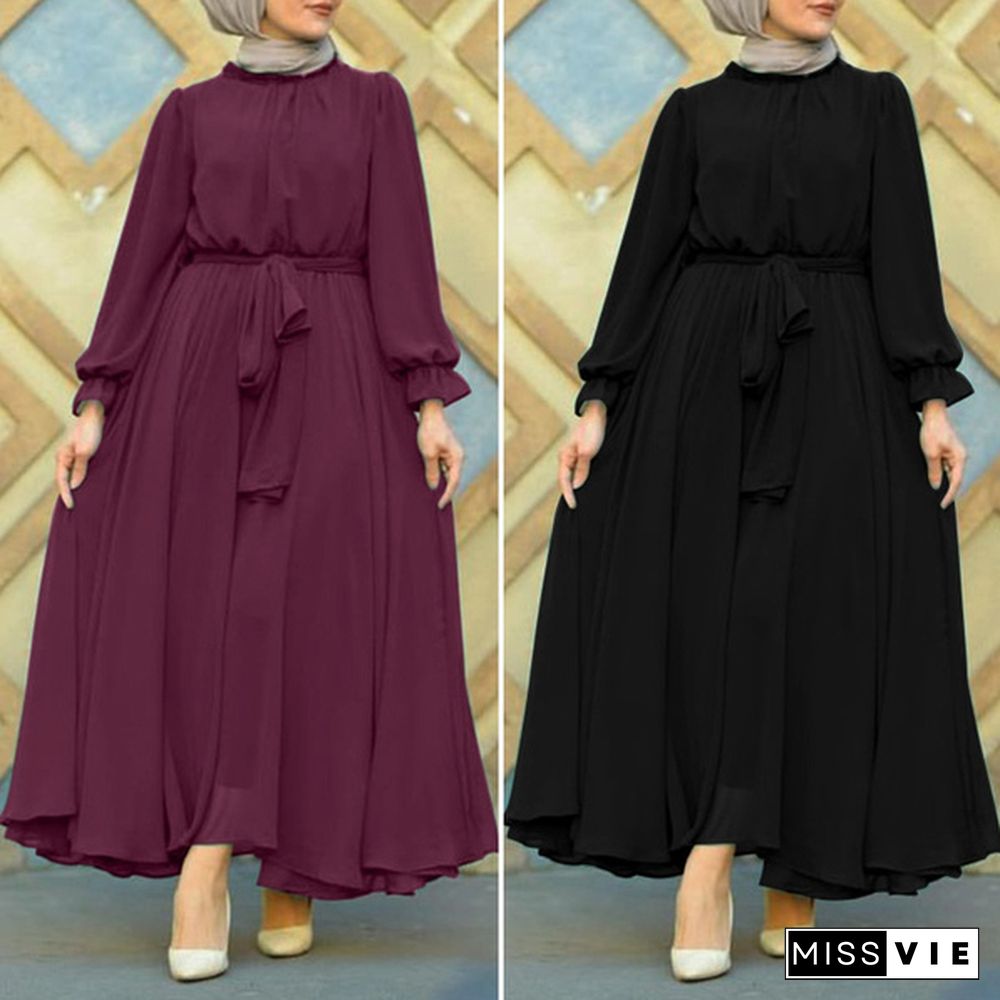 ZANZEA Elegant Spring Long Sleeve Solid Maxi Long Dress Women Sundress Abaya Muslim Robe Lace Up Vestido