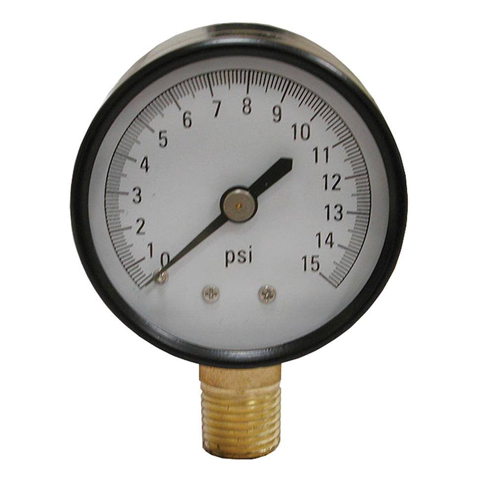 JONES STEPHENS 15 PSI Pressure Gauge with 2 in. Face and 14 in. MIP Brass Connection G60015