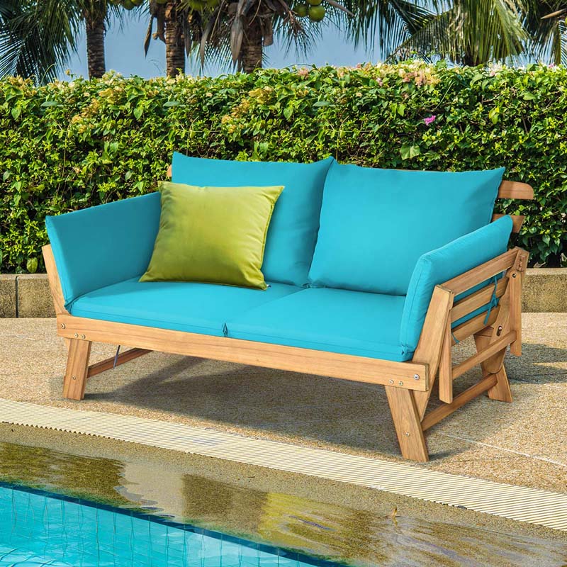 Acacia Wood Patio Daybed Convertible Couch Sofa Bed, Outdoor Folding Chaise Lounge Bench with Adjustable Armrest