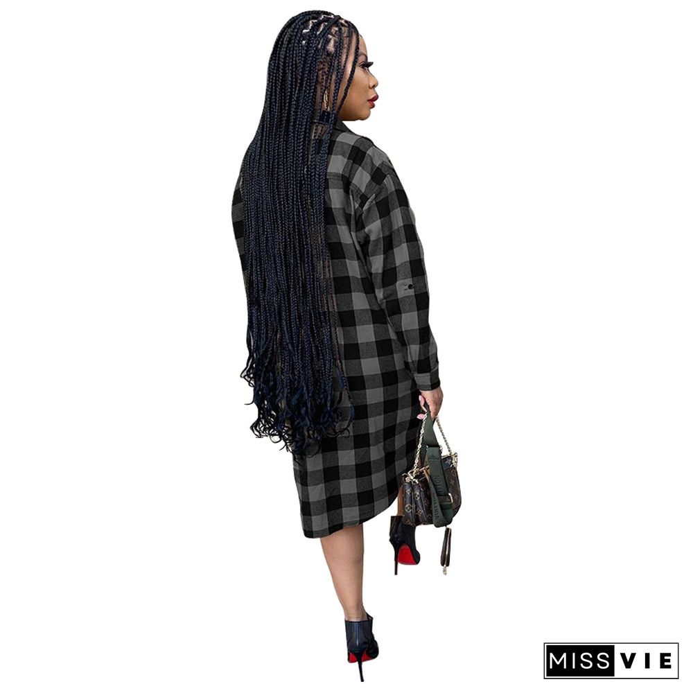 Plaid Print Long Sleeve Shirt Midi Dress