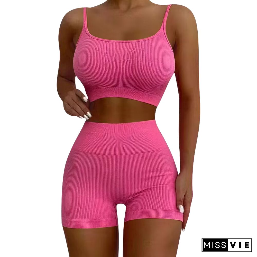 Workout Spaghetti Strap Crop Tops Biker Shorts Set