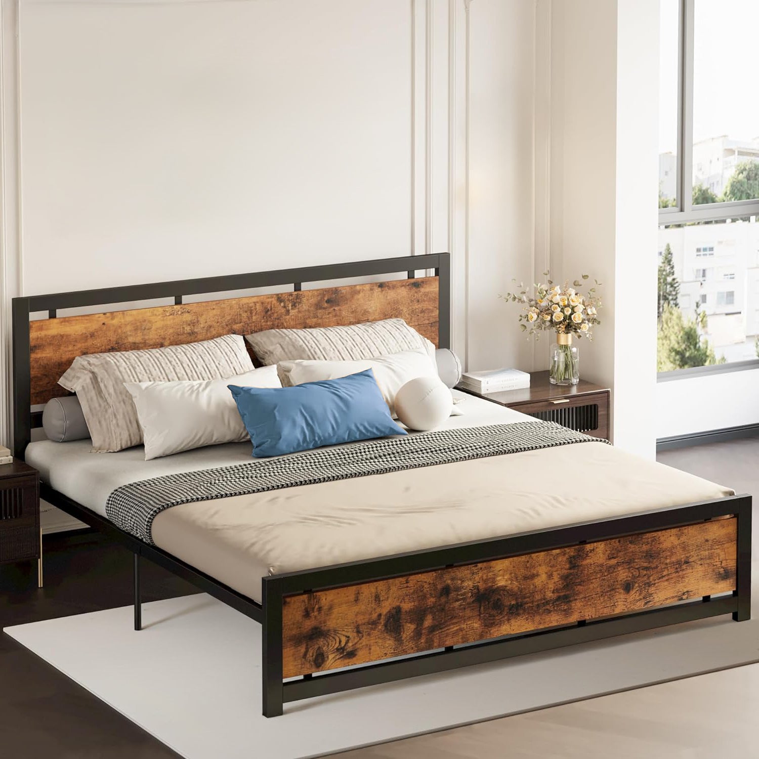 California King Bed Frame with Headboard, Industrial Style, No Box Spring Required