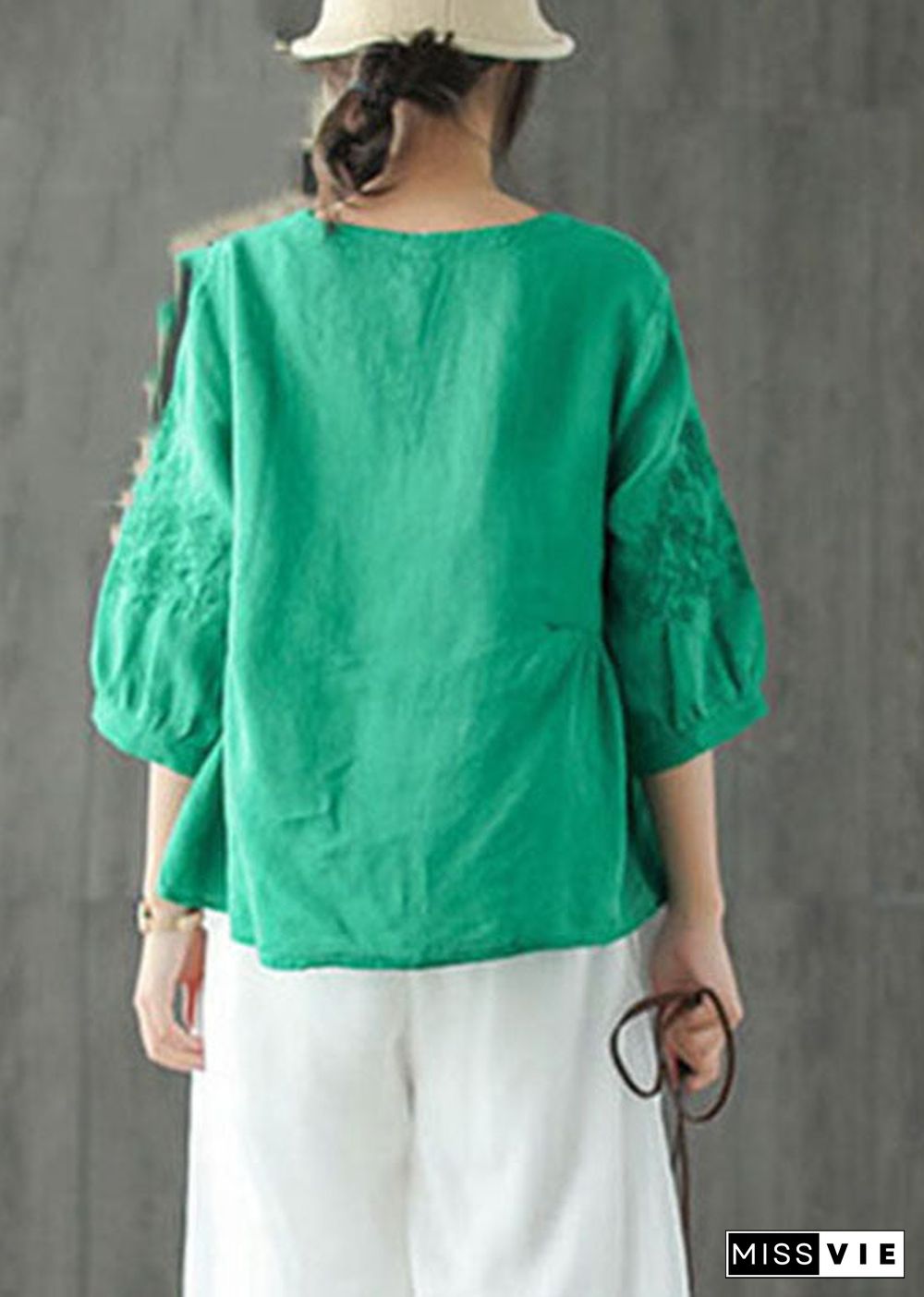 Green Loose Blouse Tops wrinkled Half Sleeve