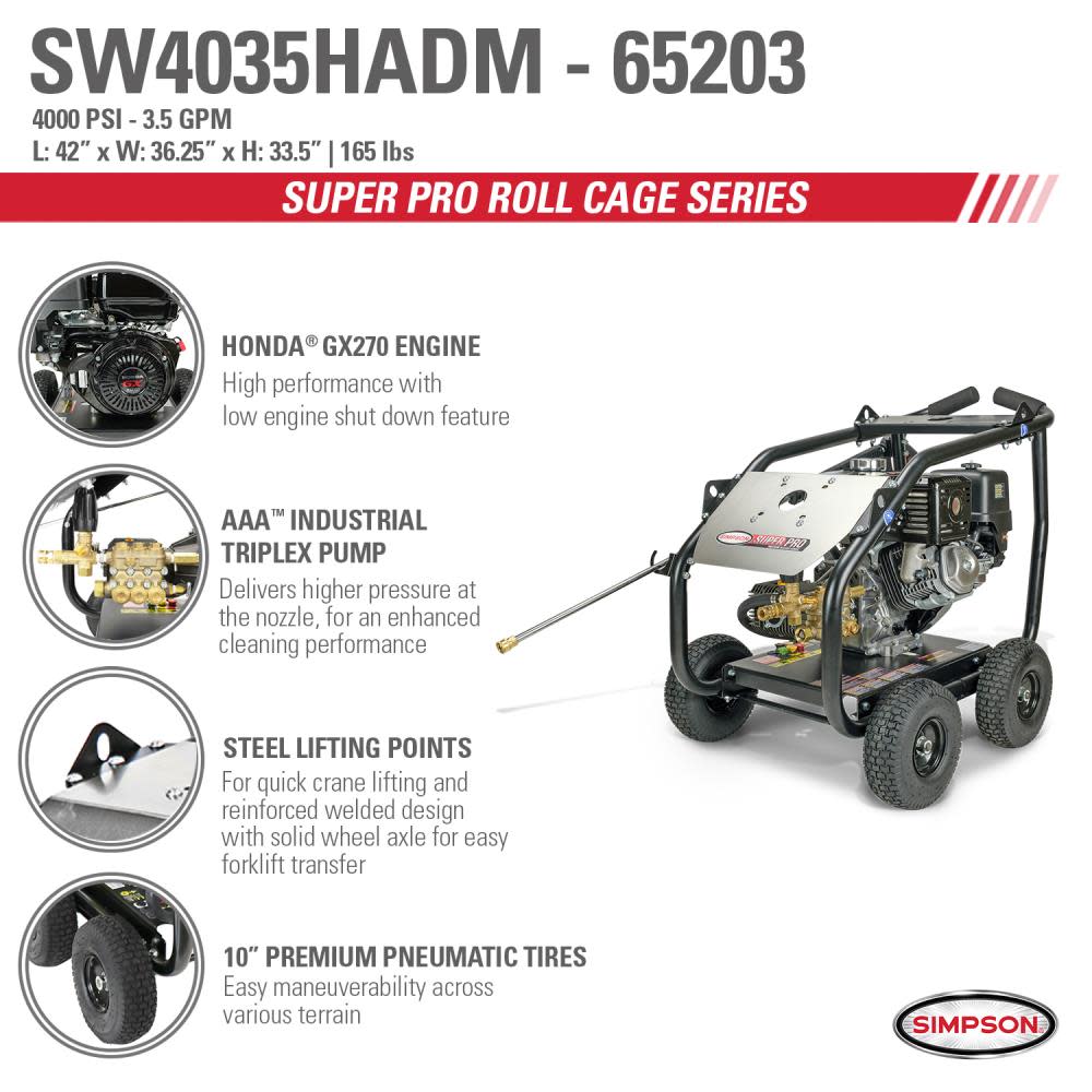 Simpson Super Pro Roll Cage Cold Water Professional Gas Pressure Washer 4000 PSI ;