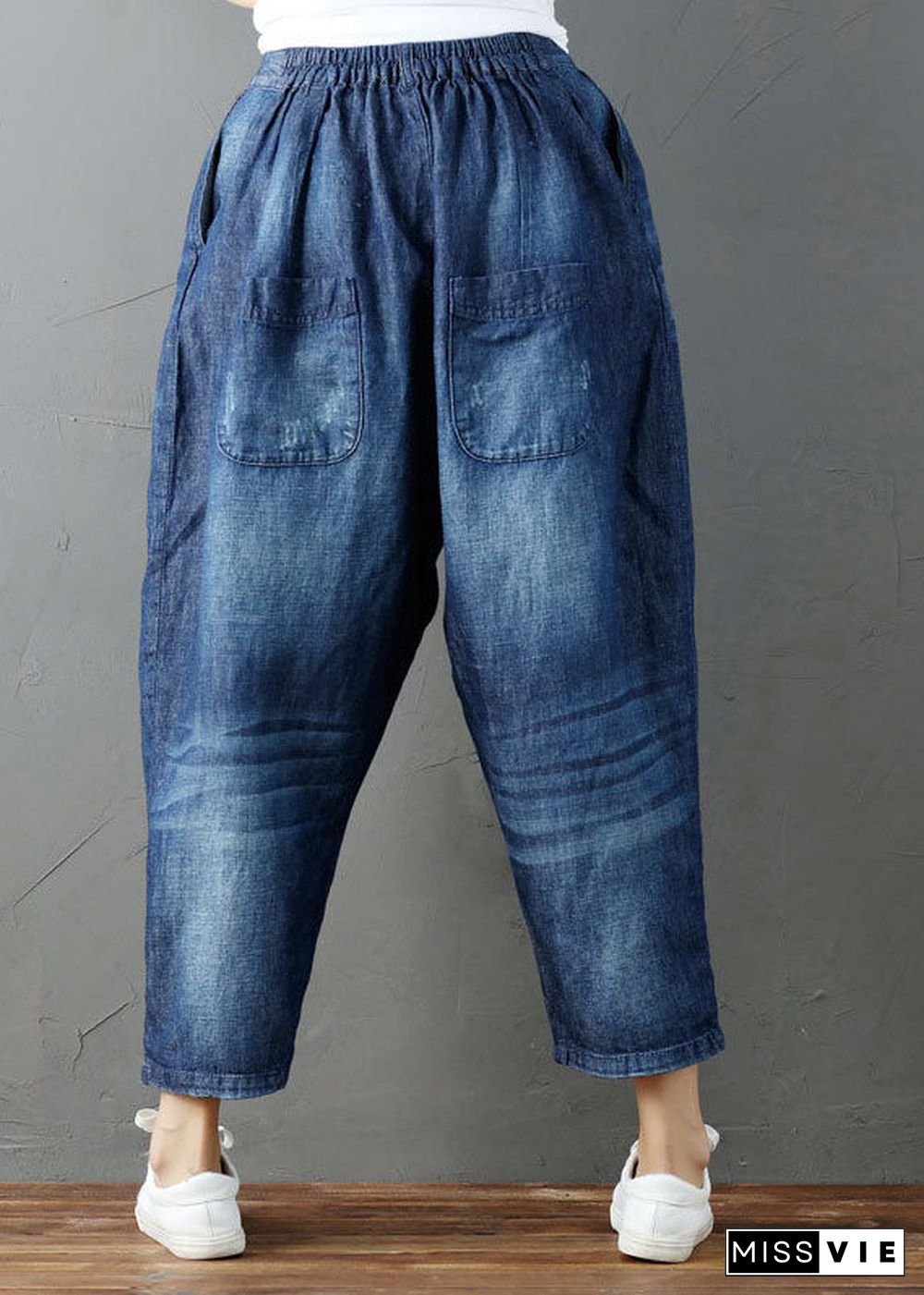 Fashion Blue Pockets Elastic Waist Denim Harem Pants Summer