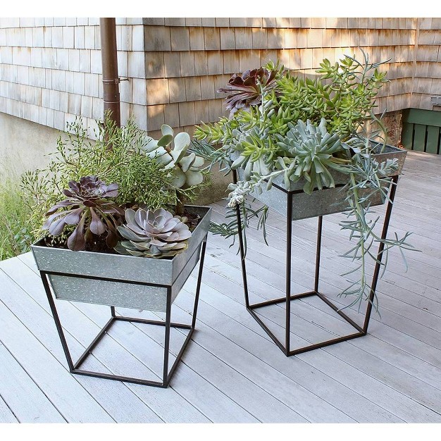 Large Indoor Outdoor Iron Arne Plant Stand With Deep Galvanized Steel Tray Black Achla Designs