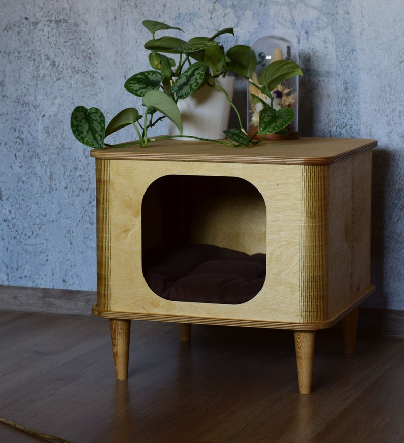 Cat retro house, wooden pet house, modern table, cat bed, pet furniture
