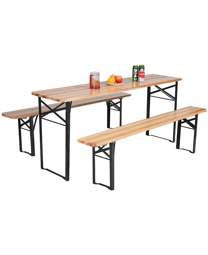 Costway 3 PCS Beer Table Bench Set Folding Wooden Top Picnic Table Patio Garden