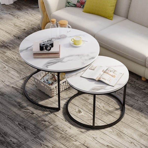 Round Nesting Coffee Table， White Modern Accent Wood Coffee Tables Set of 2， Faux Marble Coffee Table - as picture