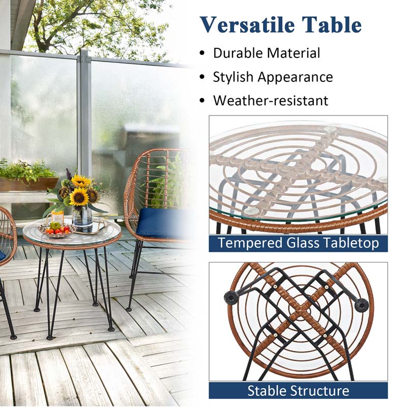 3 Pcs Patio Conversation Bistro Set Outdoor Rattan Furniture Set with Round Table & 2 Rattan Cushioned Armchairs