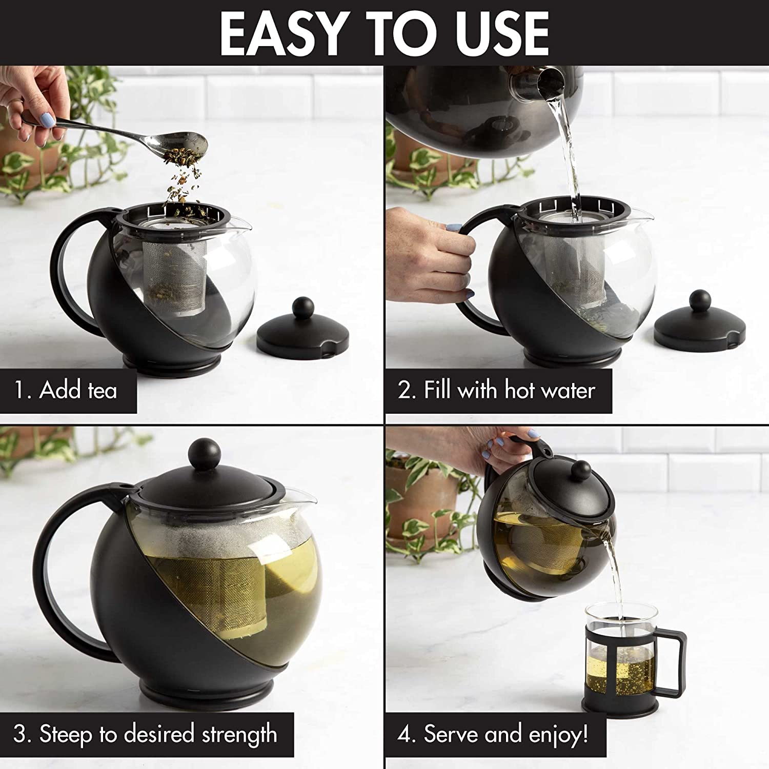 Primula Half Moon Teapot Set with 4 Tea Cups, Removable Stainless Steel Filter and Infuser, Glass Tea Maker, Filter, Dishwasher Safe, 40-Ounce, Tea Gift Set, Tea Set for Service of 4 Adults