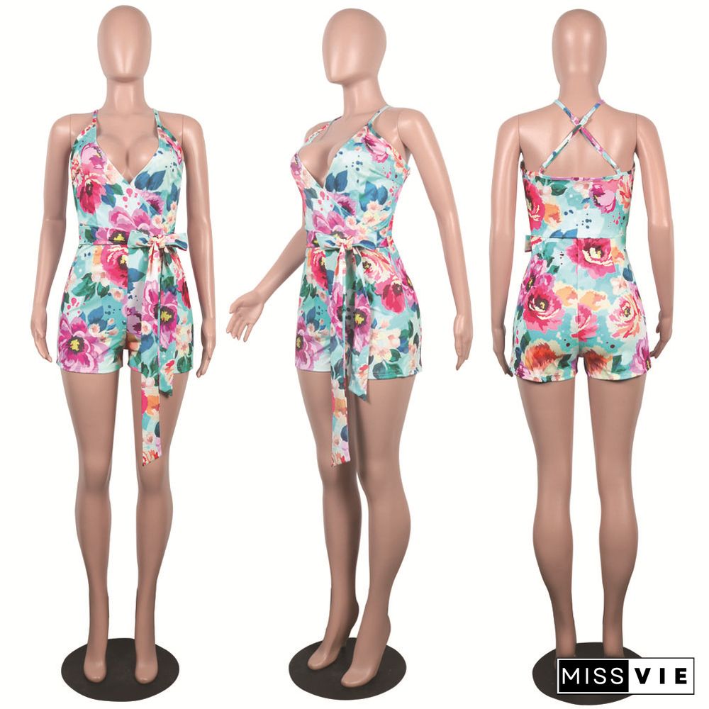 Women Holiday Floral Print V Neck Sleeveless Summer Bandage Beach Halter Neck Skinny Rompers