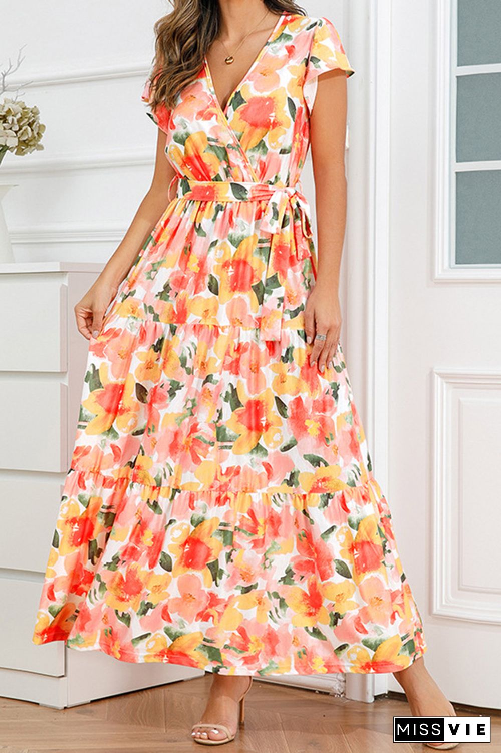 V Neck Flare Sleeves Floral Maxi Dress With Sash