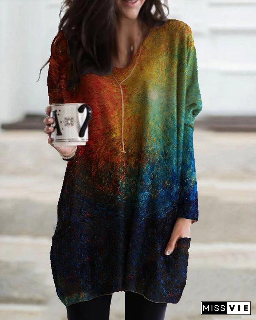 Women Colorful Ombre Tie Dye Pocket Long Sleeve Casual T-shirt