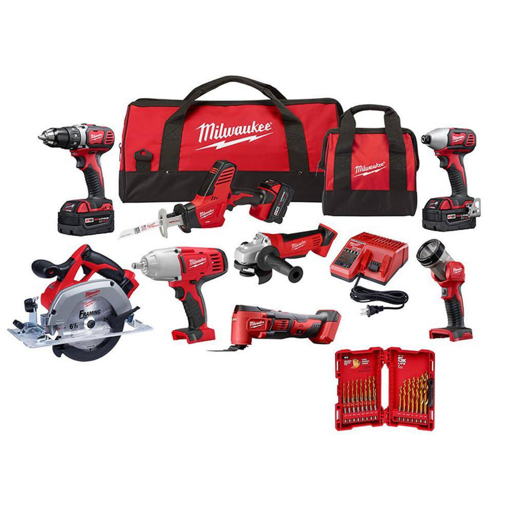 MW M18 18V Lithium-Ion Cordless Combo Kit (8-Tool) with Titanium Drill Bit Set (23-Piece) 2691-28XC-48-89-4631