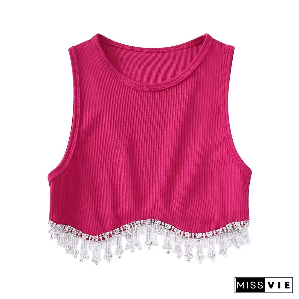 Women High Street Sexy Hem Tassel Diamond Beading Knitting T-Shirt Chic Short Camis Tank Lady Slim Crop Vest Tops Ls1311