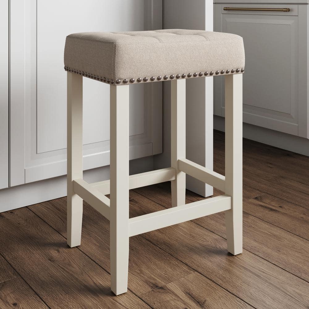 Nathan James Hylie 24 in. Natural Flax Nailhead Saddle Cushion White Wood Pub-Height Counter Bar Stool 21311