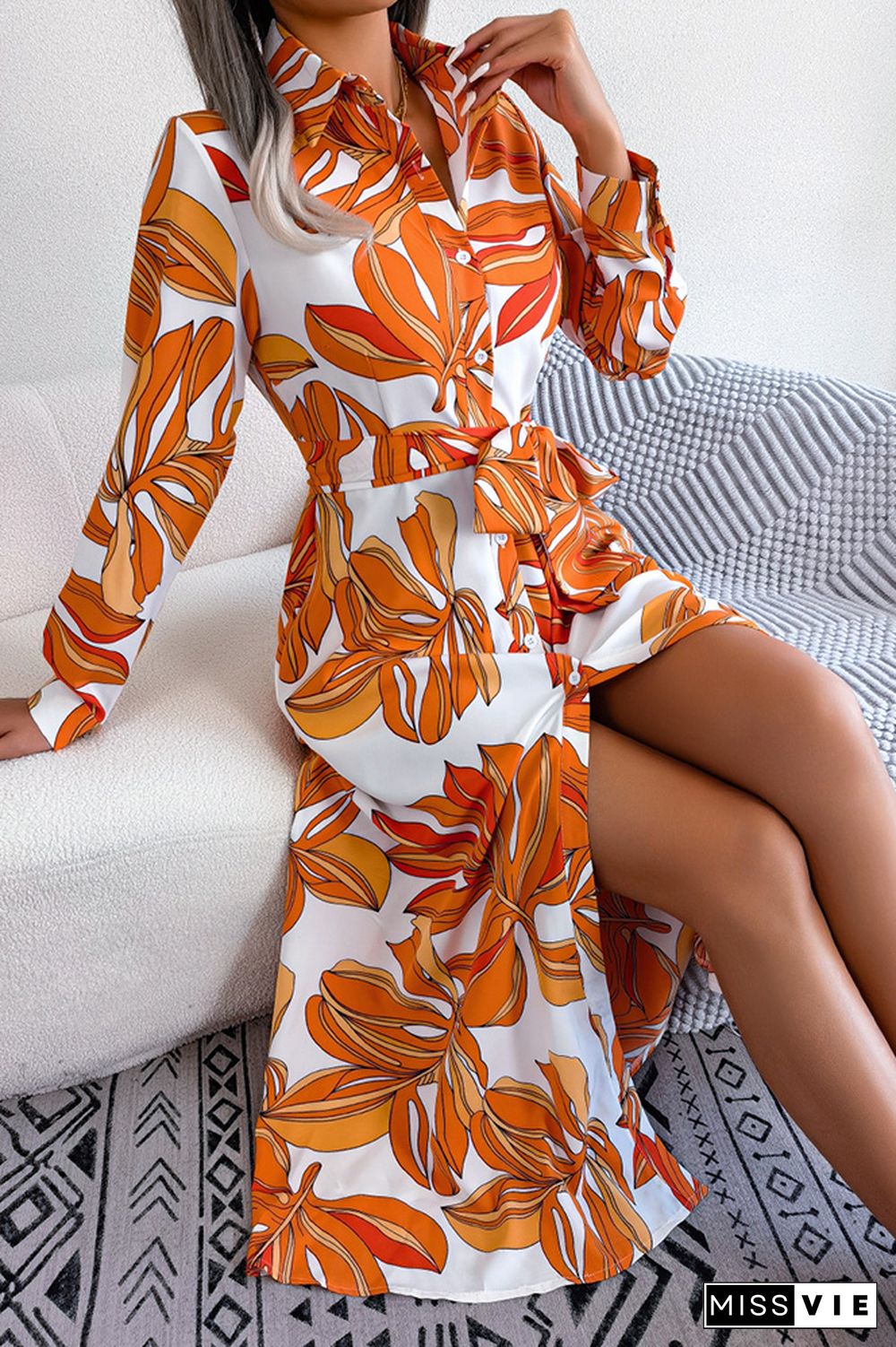 Contrast Print Button UP Split Shirt Dress