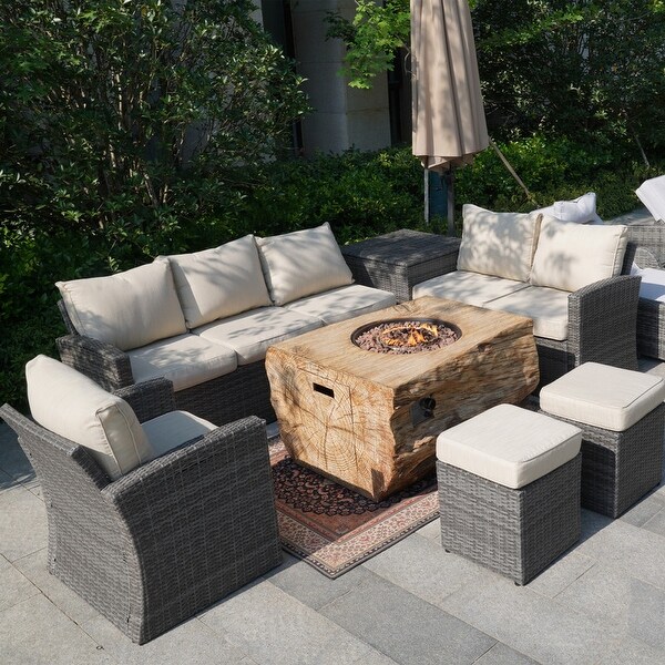 7piece Patio Wicker Garden Chat Sofa Set with Fire Pit and Storage Box