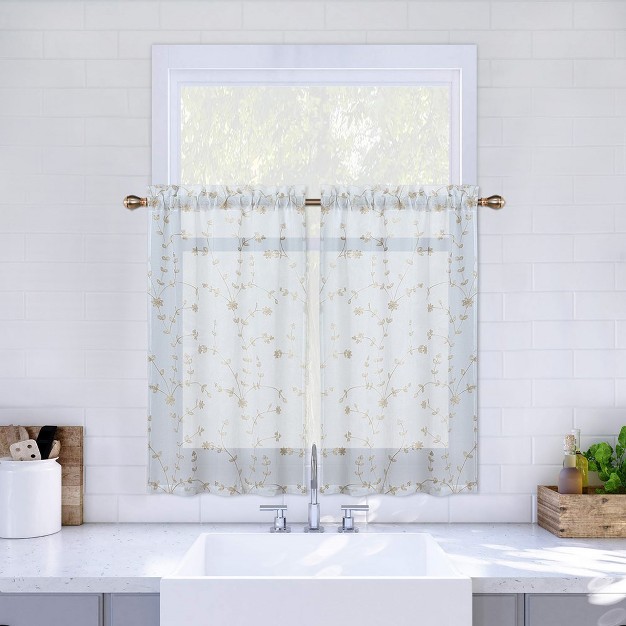 Trinity Sheer Curtains Leaves Embroidered Kitchen Curtains Rod Pocket Faux Linen Textured Window Treatments Set Of 2