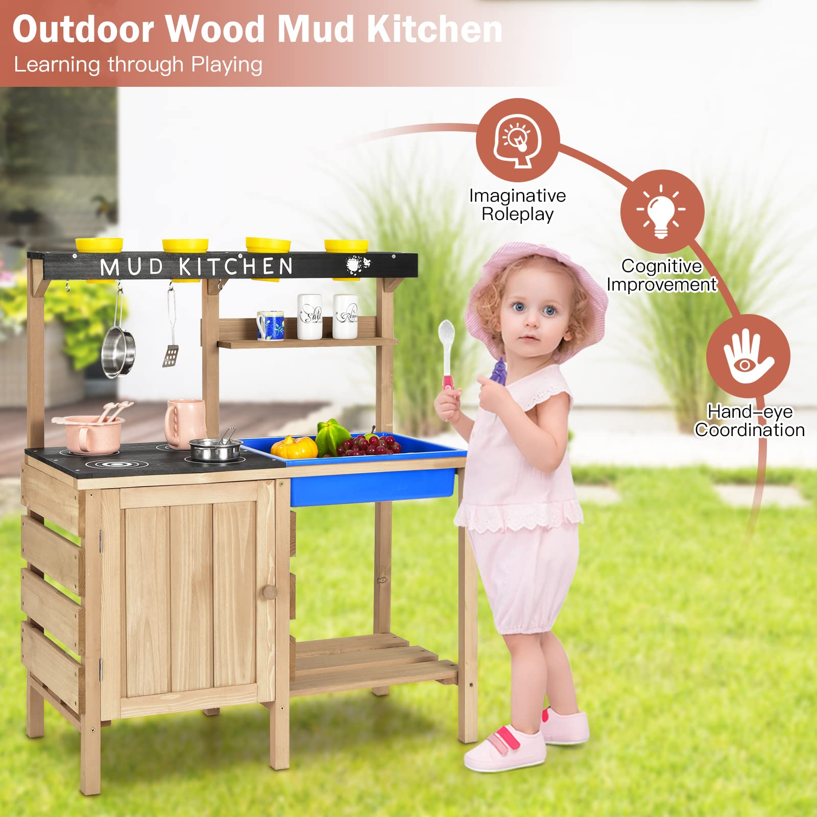 Costzon Kids Kitchen Playset, Indoor Outdoor Wooden Pretend Play Kitchen with Removable Sink