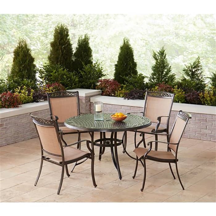 Hanover Fontana 5-Piece Outdoor Dining Set In Tan/Bronze With 4 Sling Chairs， 48 Cast Table